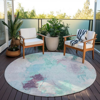 Piper Looms Chantille Abstract ACN1914 Teal Machine Washable Area Rug Round Outdoor Lifestyle Image Feature