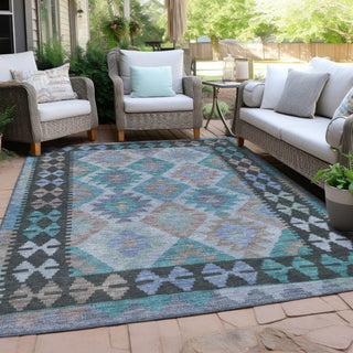 Piper Looms Chantille Tribal ACN1915 Teal Machine Washable Area Rug Outdoor Lifestyle Image Feature