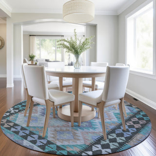 Piper Looms Chantille Tribal ACN1915 Teal Machine Washable Area Rug Round Lifestyle Image Feature