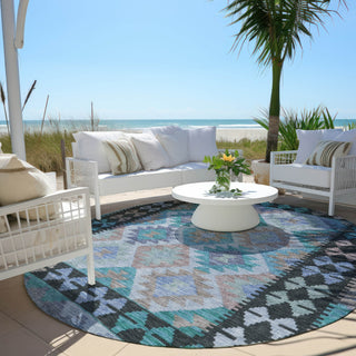 Piper Looms Chantille Tribal ACN1915 Teal Machine Washable Area Rug Round Outdoor Lifestyle Image Feature