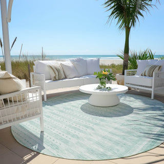 Piper Looms Chantille Border ACN1917 Turquoise Machine Washable Area Rug Round Outdoor Lifestyle Image Feature