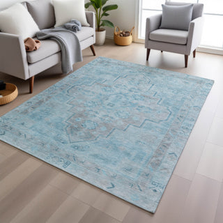Piper Looms Chantille Border ACN1918 Sky Machine Washable Area Rug Lifestyle Image Feature