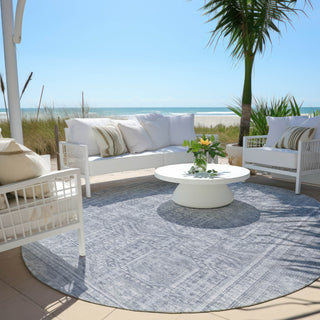 Piper Looms Chantille Border ACN1920 Sky Machine Washable Area Rug Round Outdoor Lifestyle Image Feature