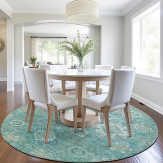 Piper Looms Chantille Global ACN1927 Teal Machine Washable Area Rug Round Lifestyle Image Feature