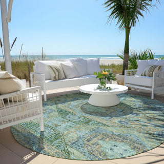 Piper Looms Chantille Global ACN1929 Green Machine Washable Area Rug Round Outdoor Lifestyle Image Feature