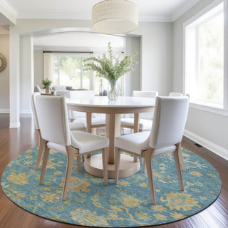 Piper Looms Chantille Global ACN1930 Teal Machine Washable Area Rug Round Lifestyle Image Feature