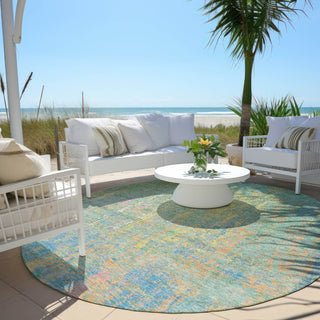 Piper Looms Chantille Abstract ACN1931 Teal Machine Washable Area Rug Round Outdoor Lifestyle Image Feature