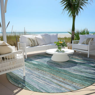 Piper Looms Chantille Waves ACN1933 Teal Machine Washable Area Rug Round Outdoor Lifestyle Image Feature