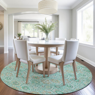 Piper Looms Chantille Floral ACN1938 Aqua Machine Washable Area Rug Round Lifestyle Image Feature