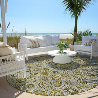 Piper Looms Chantille Floral ACN1938 Pewter Machine Washable Area Rug Round Outdoor Lifestyle Image Feature