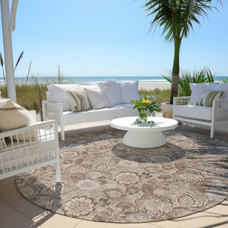 Piper Looms Chantille Floral ACN1939 Brown Machine Washable Area Rug Round Outdoor Lifestyle Image Feature