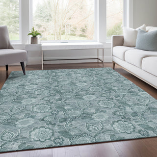 Piper Looms Chantille Floral ACN1939 Teal Machine Washable Area Rug Lifestyle Image Feature