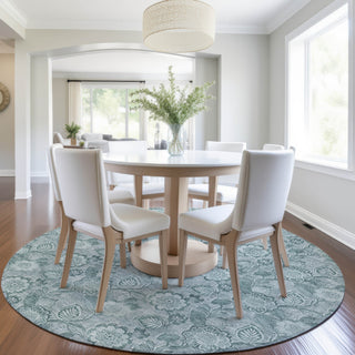 Piper Looms Chantille Floral ACN1939 Teal Machine Washable Area Rug Round Lifestyle Image Feature