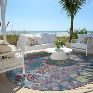 Piper Looms Chantille Abstract ACN1940 Teal Machine Washable Area Rug Round Outdoor Lifestyle Image Feature