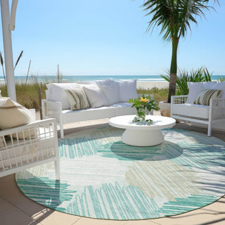 Piper Looms Chantille Geometric ACN1942 Teal Machine Washable Area Rug Round Outdoor Lifestyle Image Feature