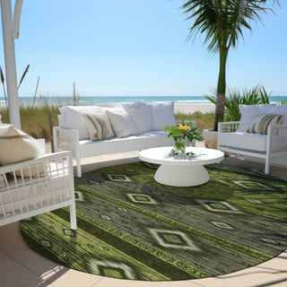 Piper Looms Chantille Tribal ACN1943 Aloe Machine Washable Area Rug Round Outdoor Lifestyle Image Feature