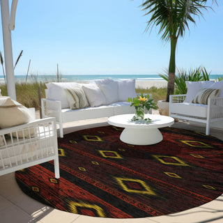 Piper Looms Chantille Tribal ACN1943 Red Machine Washable Area Rug Round Outdoor Lifestyle Image Feature