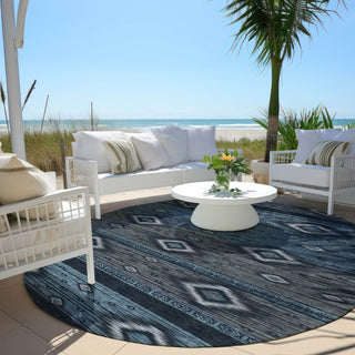 Piper Looms Chantille Tribal ACN1943 Teal Machine Washable Area Rug Round Outdoor Lifestyle Image Feature