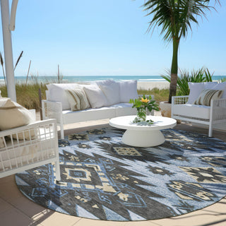 Piper Looms Chantille Tribal ACN1945 Blue Machine Washable Area Rug Round Outdoor Lifestyle Image Feature