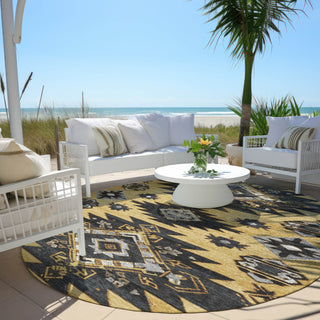 Piper Looms Chantille Tribal ACN1945 Gold Machine Washable Area Rug Round Outdoor Lifestyle Image Feature