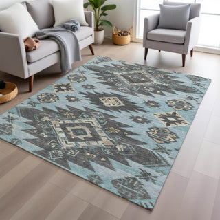 Piper Looms Chantille Tribal ACN1945 Teal Machine Washable Area Rug Lifestyle Image Feature