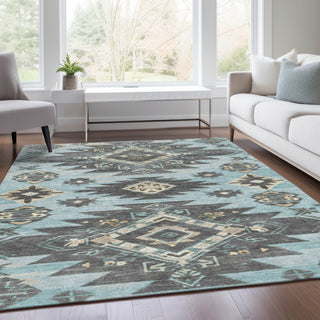 Piper Looms Chantille Tribal ACN1945 Teal Machine Washable Area Rug Lifestyle Image Feature