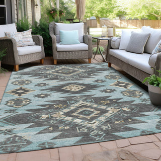 Piper Looms Chantille Tribal ACN1945 Teal Machine Washable Area Rug Outdoor Lifestyle Image Feature