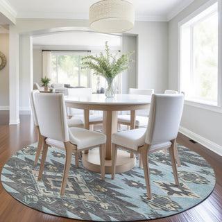 Piper Looms Chantille Tribal ACN1945 Teal Machine Washable Area Rug Round Lifestyle Image Feature