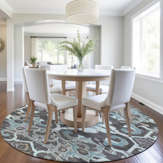 Piper Looms Chantille Global ACN1947 Teal Machine Washable Area Rug Round Lifestyle Image Feature