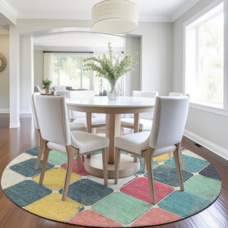 Piper Looms Chantille Geometric ACN1948 Teal Machine Washable Area Rug Round Lifestyle Image Feature