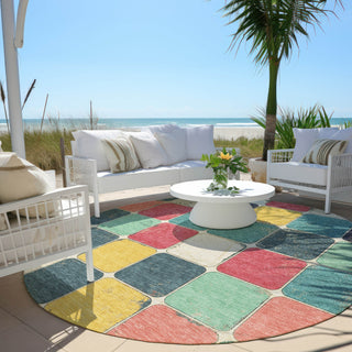 Piper Looms Chantille Geometric ACN1948 Teal Machine Washable Area Rug Round Outdoor Lifestyle Image Feature