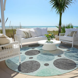 Piper Looms Chantille Geometric ACN1949 Teal Machine Washable Area Rug Round Outdoor Lifestyle Image Feature