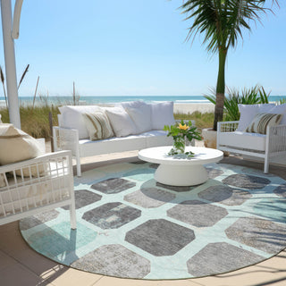 Piper Looms Chantille Geometric ACN1950 Teal Machine Washable Area Rug Round Outdoor Lifestyle Image Feature