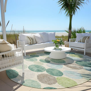 Piper Looms Chantille Geometric ACN1951 Teal Machine Washable Area Rug Round Outdoor Lifestyle Image Feature