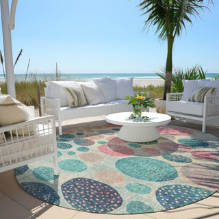 Piper Looms Chantille Geometric ACN1952 Teal Machine Washable Area Rug Round Outdoor Lifestyle Image Feature
