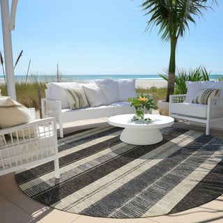 Piper Looms Chantille Stripes ACN1954 Black Machine Washable Area Rug Round Outdoor Lifestyle Image Feature