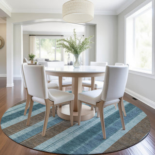 Piper Looms Chantille Stripes ACN1954 Teal Machine Washable Area Rug Round Lifestyle Image Feature