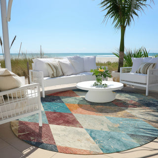 Piper Looms Chantille Geometric ACN1956 Navy Machine Washable Area Rug Round Outdoor Lifestyle Image Feature