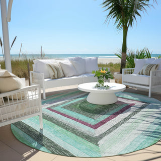 Piper Looms Chantille Geometric ACN1957 Teal Machine Washable Area Rug Round Outdoor Lifestyle Image Feature
