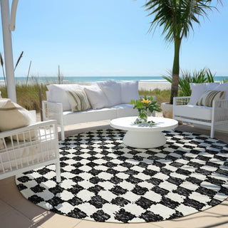 Piper Looms Chantille Geometric ACN1958 Black Machine Washable Area Rug Round Outdoor Lifestyle Image Feature