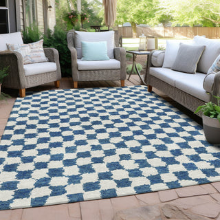 Piper Looms Chantille Geometric ACN1958 Navy Machine Washable Area Rug Outdoor Lifestyle Image Feature