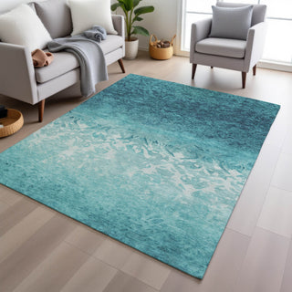Piper Looms Chantille Damask ACN1959 Teal Machine Washable Area Rug Lifestyle Image Feature