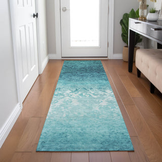 Piper Looms Chantille Damask ACN1959 Teal Machine Washable Area Rug Runner Lifestyle Image Feature