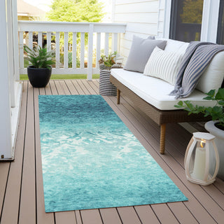 Piper Looms Chantille Damask ACN1959 Teal Machine Washable Area Rug Runner Outdoor Lifestyle Image Feature