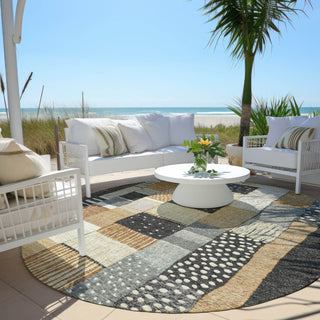 Piper Looms Chantille Geometric ACN1960 Black Machine Washable Area Rug Round Outdoor Lifestyle Image Feature