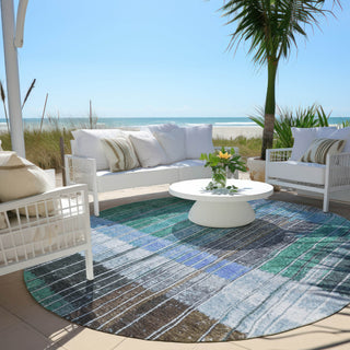 Piper Looms Chantille Stripes ACN1962 Teal Machine Washable Area Rug Round Outdoor Lifestyle Image Feature