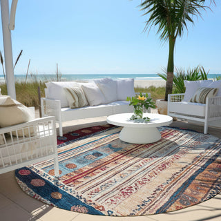 Piper Looms Chantille Stripes ACN1963 Navy Machine Washable Area Rug Round Outdoor Lifestyle Image Feature