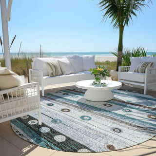 Piper Looms Chantille Stripes ACN1964 Teal Machine Washable Area Rug Round Outdoor Lifestyle Image Feature