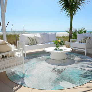 Piper Looms Chantille Abstract ACN1967 Teal Machine Washable Area Rug Round Outdoor Lifestyle Image Feature