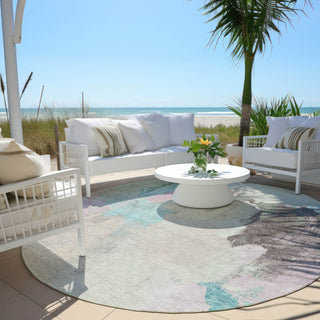Piper Looms Chantille Abstract ACN1968 Teal Machine Washable Area Rug Round Outdoor Lifestyle Image Feature